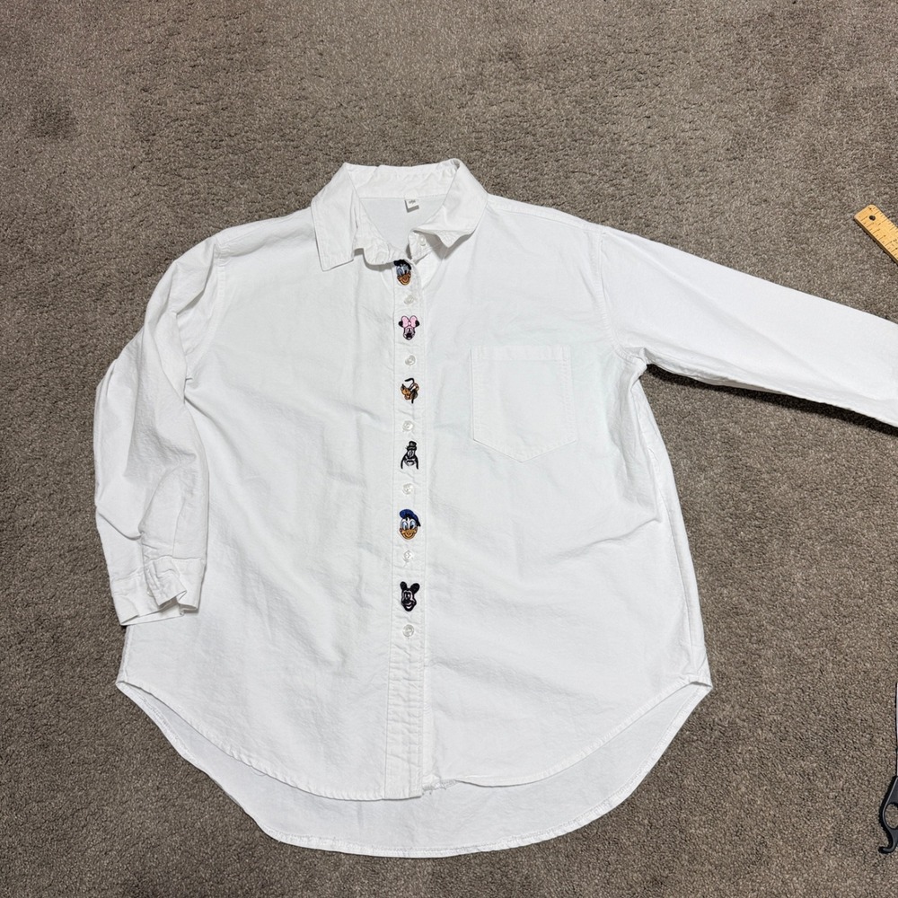 Disney Character Embroidered White Button Down Shirt Mickey Minnie Donald Goofy